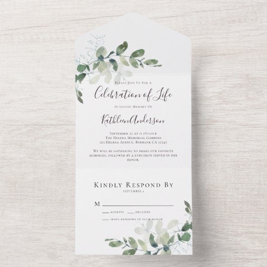 Eucalyptus viering van het leven all in one uitnodiging (Binnen)