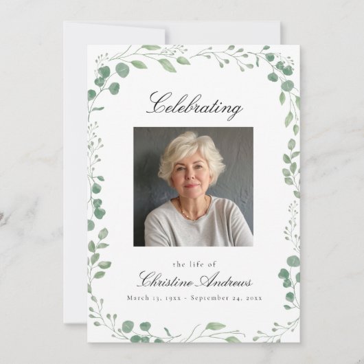 Eucalyptus viering van het leven begrafenis wit kaart (Voorkant)