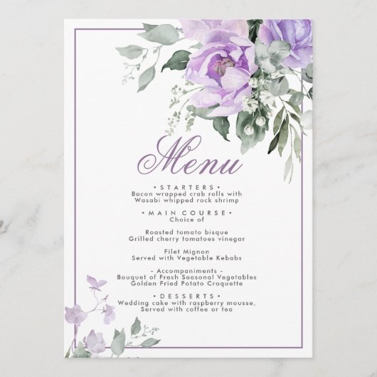 Eucalyptus Violet Bloemen Trouwmenu 5x7 Menu (Voorkant)