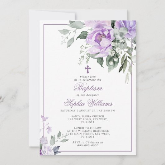 Eucalyptus Violet Fleurs Baptême Invitation (Devant)