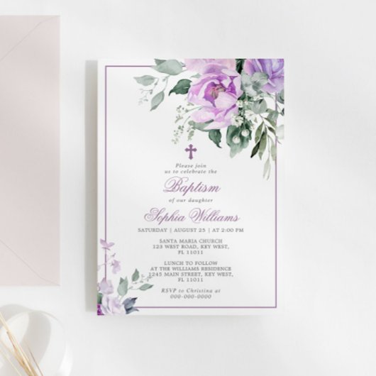 Eucalyptus Violet Fleurs Baptême Invitation