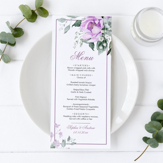 Eucalyptus Violet Flowers Wedding Menu