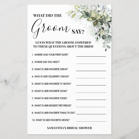 Eucalyptus Wat heeft Groom say Shower Game Card Flyer (Voorkant)