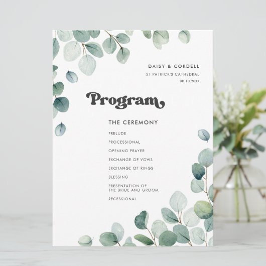Eucalyptus watercolor groene bruiloft programma (Staand voorkant)