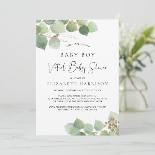 Eucalyptus Waterverf Baby Boy Virtual Shower Kaart (Staand voorkant)