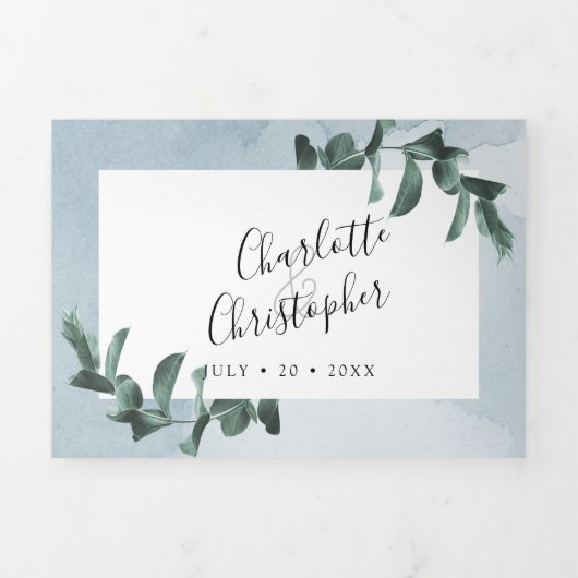 Eucalyptus waterverf blauw alles in één bruiloft drieluik uitnodiging (Cover)
