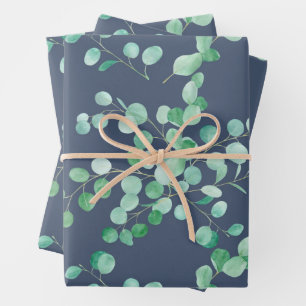 Eucalyptus Waterverf Branches op marineblauw Inpakpapier Vel