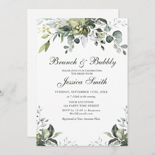 Eucalyptus Waterverf Brunch en Bubble Invitation Kaart (Voorkant / Achterkant)
