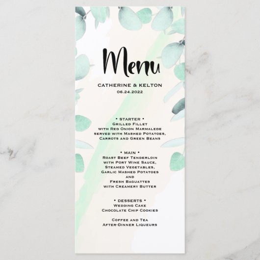 Eucalyptus Waterverf Elegant Greenery Wedding Menu (Voorkant)
