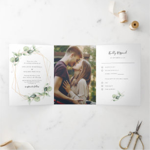 Eucalyptus Waterverf Foto Bruiloft Alles in een Drieluik Uitnodiging