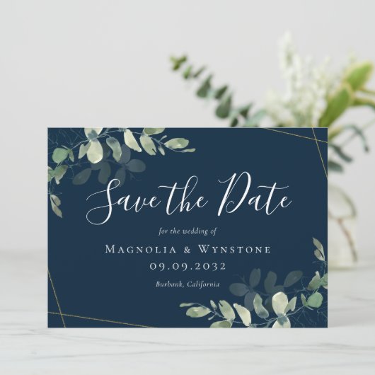 Eucalyptus Waterverf Gold Glitter Weddenschap Save Save The Date (Staand voorkant)