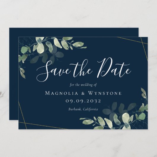 Eucalyptus Waterverf Gold Glitter Weddenschap Save Save The Date (Voorkant / Achterkant)