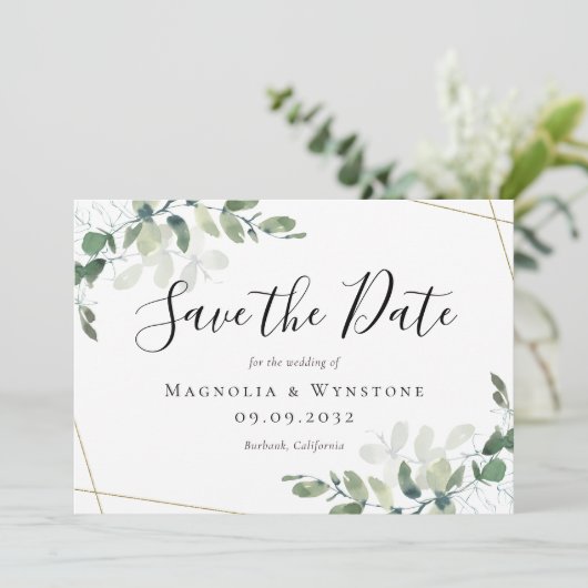 Eucalyptus Waterverf Gold Glitter Weddenschap Save The Date (Staand voorkant)