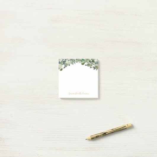 Eucalyptus Waterverf Gold Script Post-it® Notes (Op bureau)