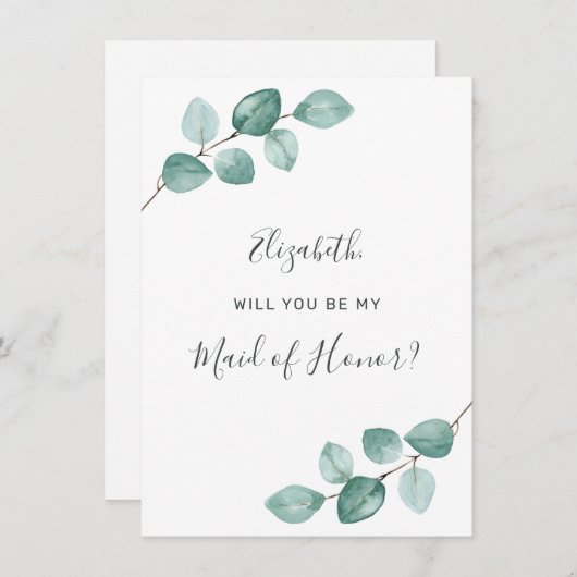 Eucalyptus Waterverf Greenery Maid of Honor Kaart (Voorkant / Achterkant)