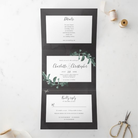 Eucalyptus waterverf grijs alles in één bruiloft drieluik uitnodiging (Binnen)