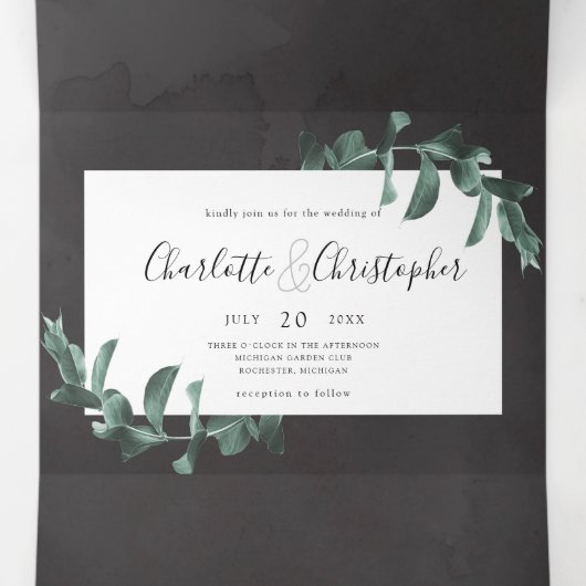 Eucalyptus waterverf grijs alles in één bruiloft drieluik uitnodiging (Binnenkant midden)