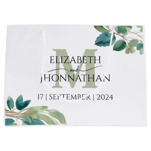 Eucalyptus waterverf groen monogram bruiloft groot cadeauzakje (Voorkant)