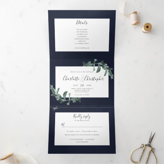 Eucalyptus waterverf marineblauw alles in één brui drieluik uitnodiging (Binnen)