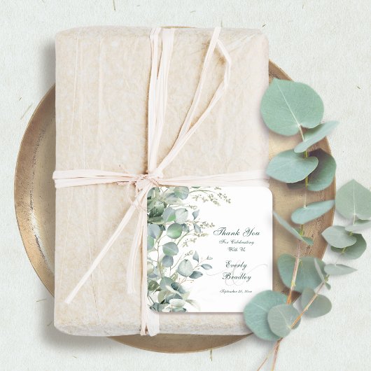 Eucalyptus Waterverf Script Wedding Dank u Fav Vierkante Sticker