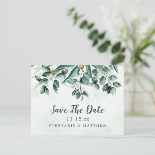 Eucalyptus Waterverf Weddenschap Opslaan Datum Aankondigingskaart (Staand voorkant)