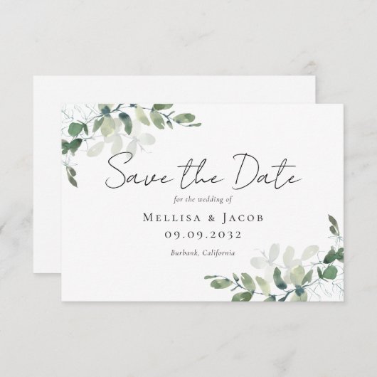 Eucalyptus Waterverf Weddenschap Save The Date (Voorkant / Achterkant)