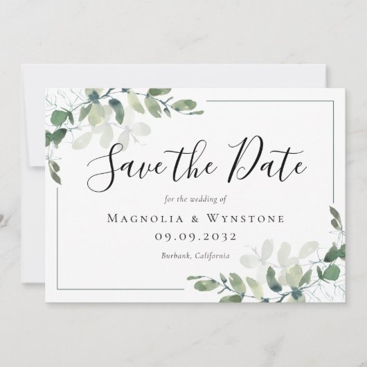 Eucalyptus Waterverf Weddenschap Save The Date (Voorkant)
