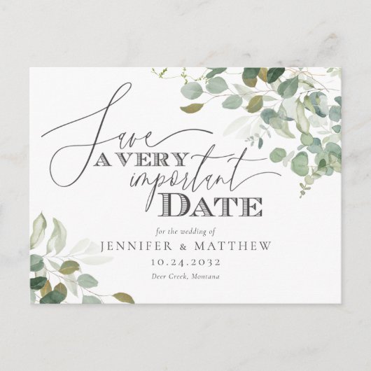 Eucalyptus Waterverf Wedding Save the Date Invita Briefkaart (Voorkant)