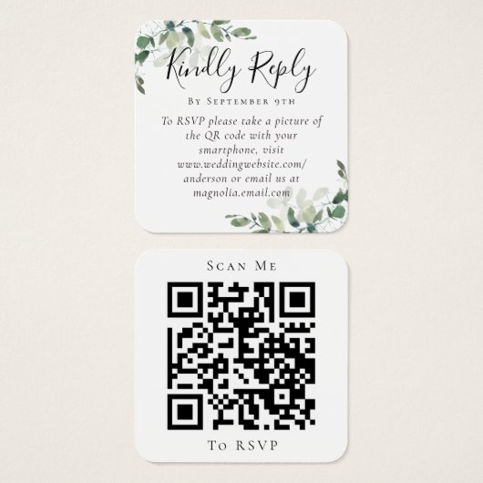 Eucalyptus Weddenschap Website QR Code RSVP Vierkante Visitekaartjes (Voorkant /achterkant)