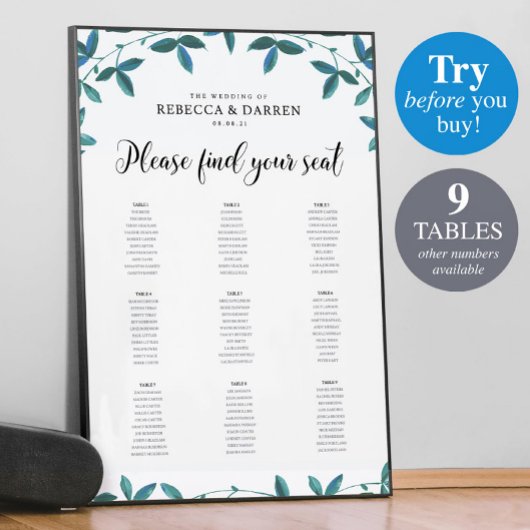 Eucalyptus Wedding Seating Chart met 9 tafels Poster