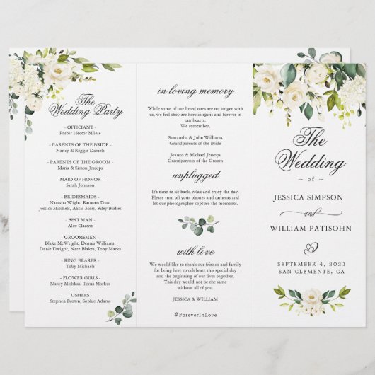 Eucalyptus White Roses Mariage programme de cérémo (Devant / Derrière)