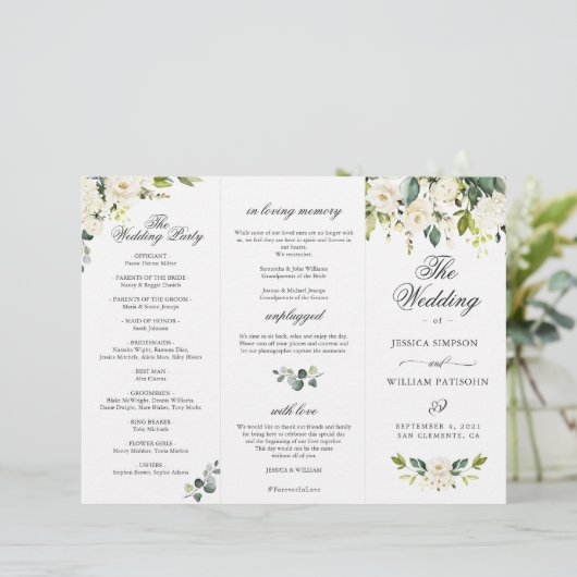 Eucalyptus White Roses Wedding Ceremony Programme (Staand voorkant)