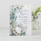 Eucalyptus & Witte Bloemen Huwelijk Kaart (Staand voorkant)