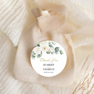 Eucalyptus Witte Roos Groene Bloemen Bruiloft Ronde Sticker