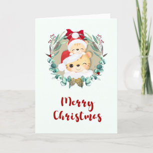 Eucalyptus Wreath Cute Tiger Family Kerstmis Feestdagen Kaart