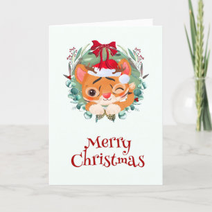Eucalyptus Wreath Cute Tiger Kerstmis Feestdagen Kaart