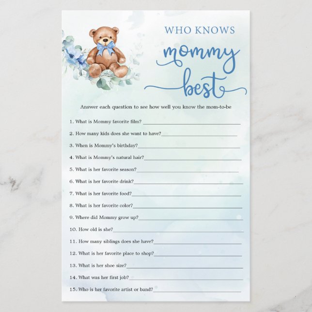 Eucalyptus Wreath Teddy Bear Boy Baby shower game (Voorkant)