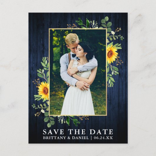 Eucalyptus Zonnebloem Blauw Hout Save the Date Briefkaart (Voorkant)