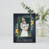 Eucalyptus Zonnebloem Blauw Hout Save the Date Briefkaart (Staand voorkant)