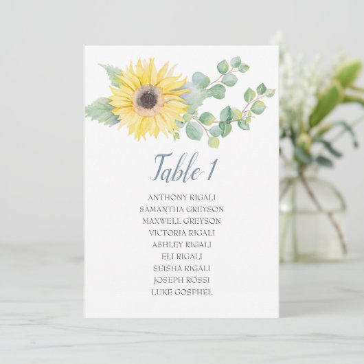 Eucalyptus Zonnebloem Bruiloft Zittafel Plan Kaart (Staand voorkant)