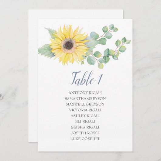 Eucalyptus Zonnebloem Bruiloft Zittafel Plan Kaart (Voorkant / Achterkant)