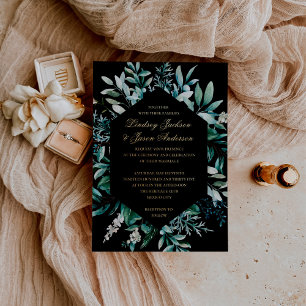 Eucalyptus Zwart en Goud Folie Pers Huwelijk Uitnodiging