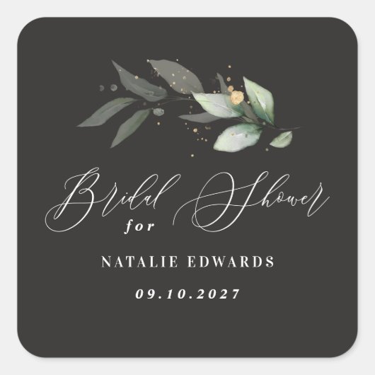 Eucalyptus zwart gouden bruidsdouche  vierkante sticker (Voorkant)