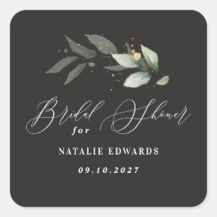 Eucalyptus zwarte gouden bruidsdouche vierkante sticker