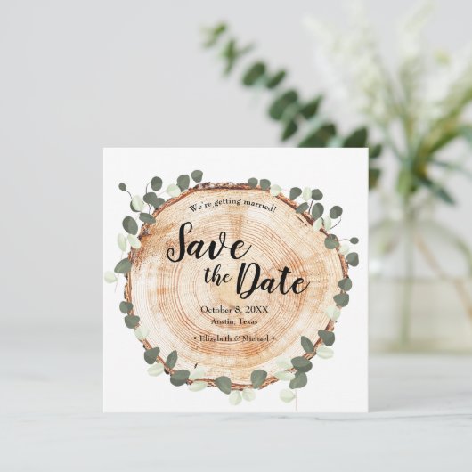 Eucalyptusbladeren en hout Huwelijkswebsite QR-cod Save The Date (Staand voorkant)