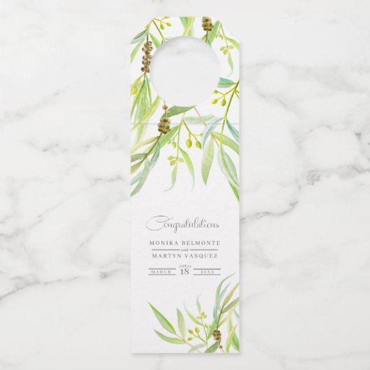 Eucalyptusbladeren groene waterverf bruiloft flessenhanger (Voorkant)