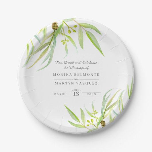 Eucalyptusbladeren groene waterverf bruiloft papieren bordje (Voorkant)