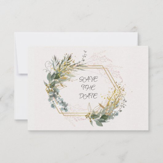 Eucalyptusbladeren met gouden accenten en Lijst Save The Date (Voorkant)