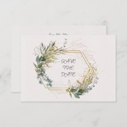 Eucalyptusbladeren met gouden accenten en Lijst Save The Date (Voorkant / Achterkant)