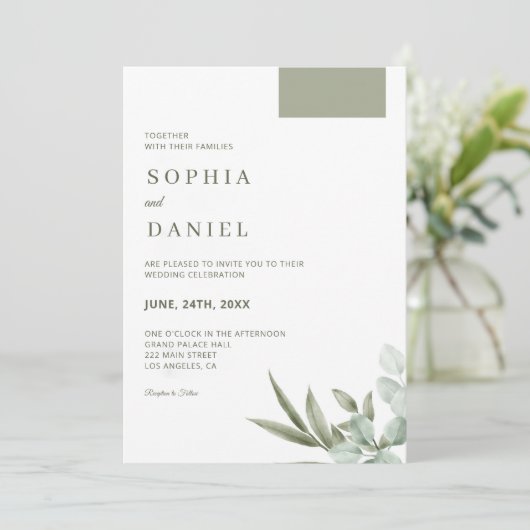 Eucalyptusbladeren Minimalistische Trouw Uitnodigi Kaart (Staand voorkant)
